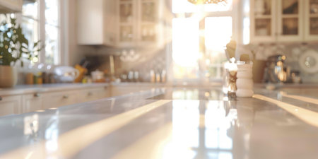 Luxury Kitchen Counter Closeup White Marble Bright Daylight Cozy Blurry Backgroundの素材