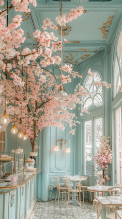 Pastel Blue Cafe restaurant Pink Flowers Vintage Lighting Glass Windows High Ceilingの素材