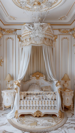 Renaissance Baby Nursery White Gold Baroque Crib Canopy Night Standsの素材