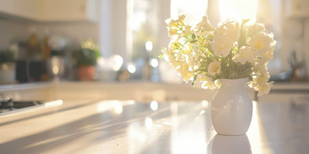 Luxury Kitchen Counter Closeup White Marble Bright Daylight Cozy Blurry Backgroundの素材