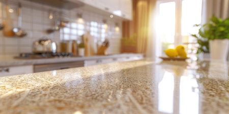Luxury Kitchen Counter Closeup White Marble Bright Daylight Cozy Blurry Backgroundの素材