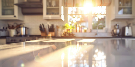 Luxury Kitchen Counter Closeup White Marble Bright Daylight Cozy Blurry Backgroundの素材