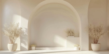 Minimalist Cream Arched Wall Soft Sunlight Serene Backdrop Flower Pots Product Displayの素材