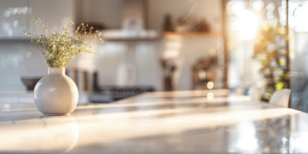 Luxury Kitchen Counter Closeup White Marble Bright Daylight Cozy Blurry Backgroundの素材