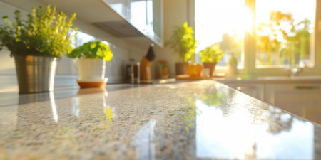 Luxury Kitchen Counter Closeup White Marble Bright Daylight Cozy Blurry Backgroundの素材