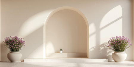 Minimalist Cream Arched Wall Soft Sunlight Serene Backdrop Flower Pots Product Displayの素材