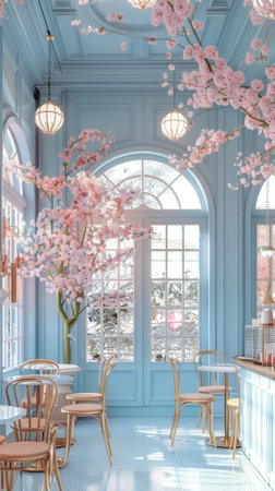 Pastel Blue Cafe restaurant Pink Flowers Vintage Lighting Glass Windows High Ceilingの素材
