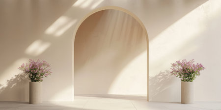 Minimalist Cream Arched Wall Soft Sunlight Serene Backdrop Flower Pots Product Displayの素材