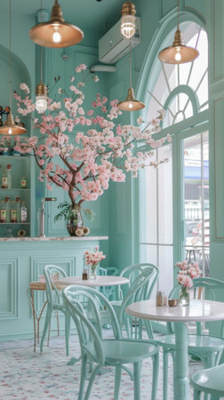 Pastel Blue Cafe restaurant Pink Flowers Vintage Lighting Glass Windows High Ceilingの素材