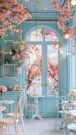 Pastel Blue Cafe restaurant Pink Flowers Vintage Lighting Glass Windows High Ceilingの素材