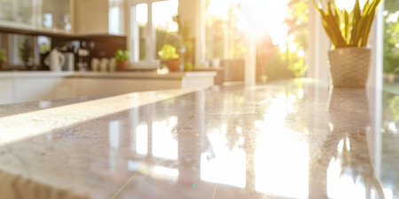 Luxury Kitchen Counter Closeup White Marble Bright Daylight Cozy Blurry Backgroundの素材
