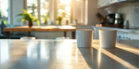 Luxury Kitchen Counter Closeup White Marble Bright Daylight Cozy Blurry Backgroundの素材