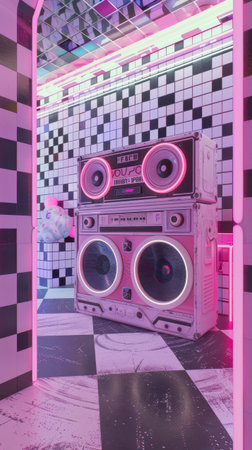 Music Group Pop Up Store Oversized Vintage Boombox Giant Neon Cassette Sculpture Pink Black Checkered Wallsの素材