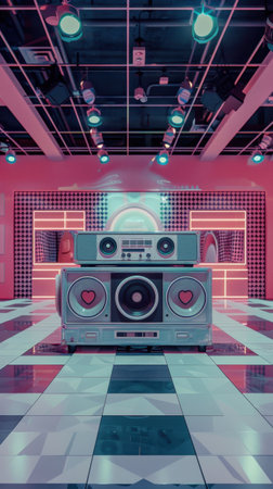 Music Group Pop Up Store Oversized Vintage Boombox Giant Neon Cassette Sculpture Pink Black Checkered Wallsの素材