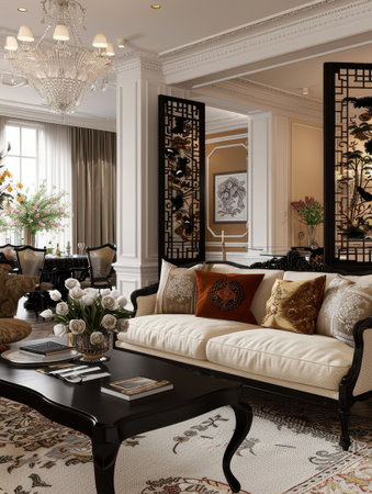 French Chinoiserie Interior Black White Cream Room Divider Open Spaceの素材