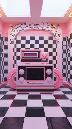 Music Group Pop Up Store Oversized Vintage Boombox Giant Neon Cassette Sculpture Pink Black Checkered Wallsの素材