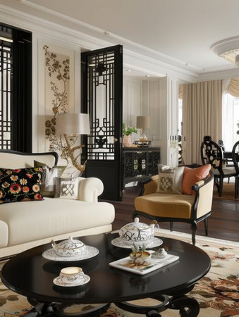 French Chinoiserie Interior Black White Cream Room Divider Open Spaceの素材