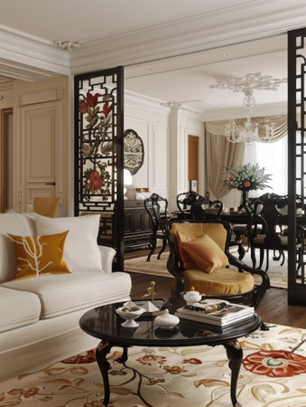 French Chinoiserie Interior Black White Cream Room Divider Open Spaceの素材