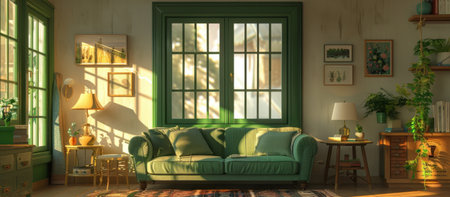 Room Green Window Frames Sofa Table Lamp Natural Light Cozyの素材