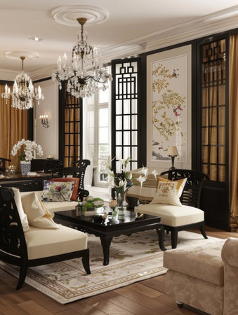 French Chinoiserie Interior Black White Cream Room Divider Open Spaceの素材