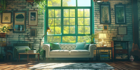 Room Green Window Frames Sofa Table Lamp Natural Light Cozyの素材
