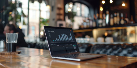 Close Up Laptop Screen Business Intelligence Software Bright Sophisticated Cafeの素材
