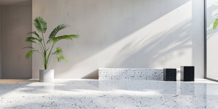Minimalist Light Gray Space Terrazzo Floor Palm Tree Corner Black Cream Blockの素材