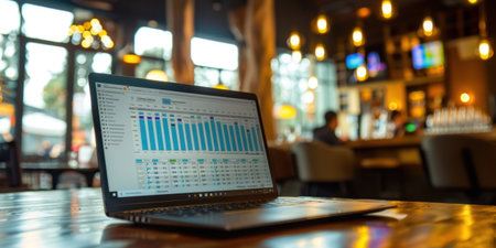 Close Up Laptop Screen Business Intelligence Software Bright Sophisticated Cafeの素材