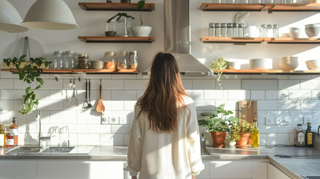 Woman Walking in Modern Minimalist Kitchen White Wall Natural Lightの素材