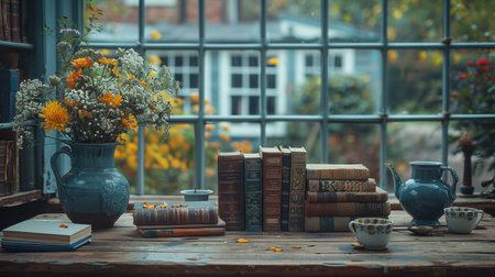 Wooden Desk Books Coffee Cups Light Gold Amber Tones Still Lifeの素材