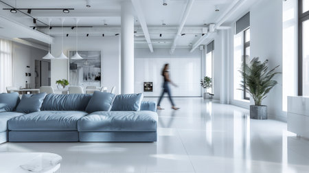 Modern Open Plan Living Room Electric Blue Sofa Empty White Wall Blur Womanの素材