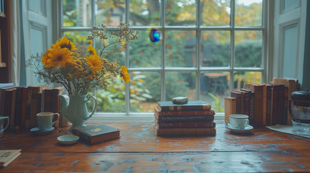 Wooden Desk Books Coffee Cups Light Gold Amber Tones Still Lifeの素材