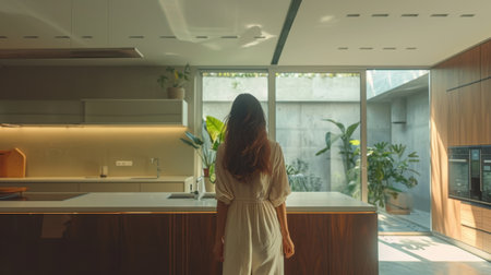 Woman Walking in Modern Minimalist Kitchen White Wall Natural Lightの素材