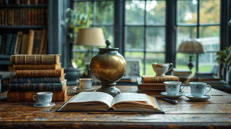 Wooden Desk Books Coffee Cups Light Gold Amber Tones Still Lifeの素材