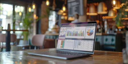 Close Up Laptop Screen Business Intelligence Software Bright Sophisticated Cafeの素材