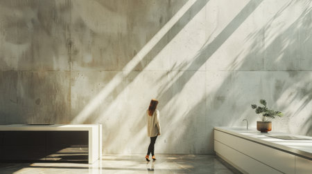 Woman Walking in Modern Minimalist Kitchen White Wall Natural Lightの素材