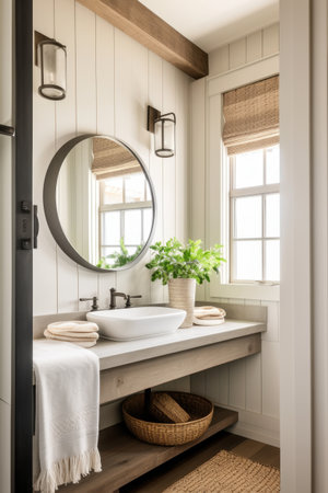 Farmhouse Powder Room Small Bathroom Light Earthy Colors Vanity Lightsの素材