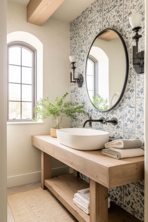 Farmhouse Powder Room Small Bathroom Light Earthy Colors Vanity Lightsの素材