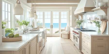 Coastal Kitchen White Oak Cabinets Ocean View Island Professional Stoveの素材