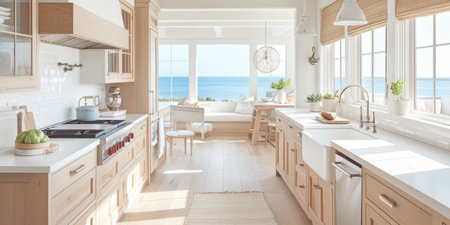 Coastal Kitchen White Oak Cabinets Ocean View Island Professional Stoveの素材