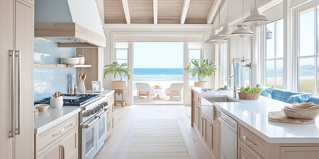 Coastal Kitchen White Oak Cabinets Ocean View Island Professional Stoveの素材