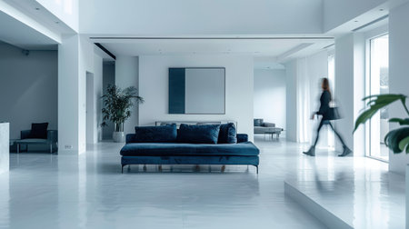 Modern Open Plan Living Room Electric Blue Sofa Empty White Wall Blur Womanの素材