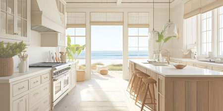 Coastal Kitchen White Oak Cabinets Ocean View Island Professional Stoveの素材