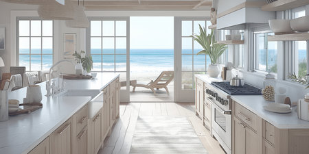 Coastal Kitchen White Oak Cabinets Ocean View Island Professional Stoveの素材