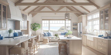 Coastal Kitchen White Oak Cabinets Ocean View Island Professional Stoveの素材