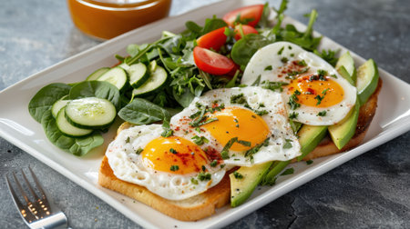 Over Easy Eggs Avocado Spinach Toast Greek Yogurt Cucumber Breakfast Platterの素材