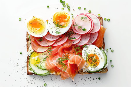 Danish Pastry Toast Boiled Egg Slices White Backgroundの素材