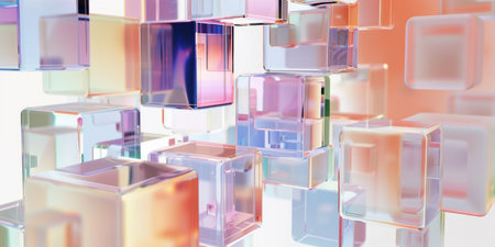 Transparent Cubes Squares Peach Violet Background 3D Render Geometric Abstractの素材