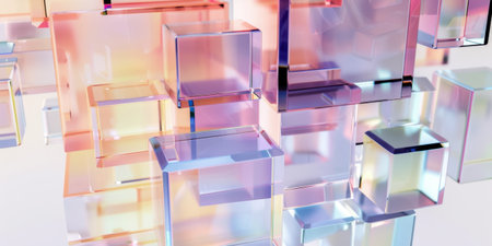 Transparent Cubes Squares Peach Violet Background 3D Render Geometric Abstractの素材