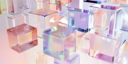 Transparent Cubes Squares Peach Violet Background 3D Render Geometric Abstractの素材